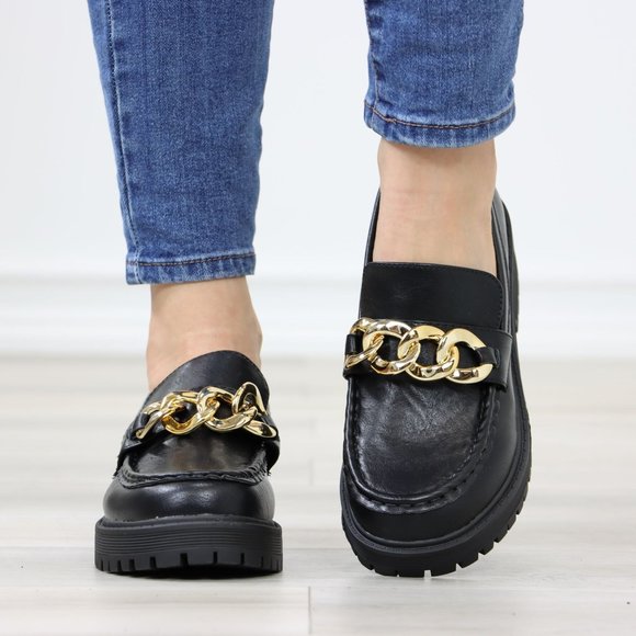 Chunky Lug Sole Slip On Penny Loafers Platform With Gold Chain - Picture 9 of 13